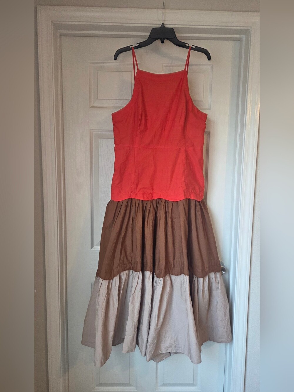 Mave Colorblock Tiered Dress in Coral, Brown & Cream
